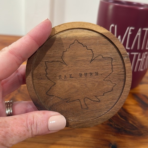 Rae Dunn Maroon SWEATER WEATHER Mug w/ Wood Fall Maple Leaf Coaster - Picture 3 of 7